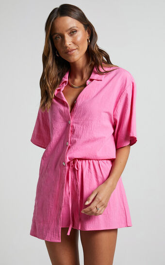 Vina Del Mar Two Piece Set - Linen Look Shirt and Shorts Set in Hot Pink | Showpo (ANZ)