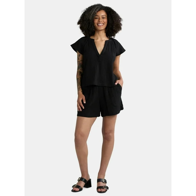 Time and Tru Women's Double Cloth Short Set, Sizes XS-XXXL | Walmart (US)