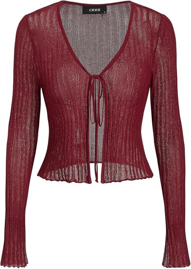CIDER Tie Front Cardigans for Women Crop Crochet Shrug Sweater Summer Fall | Long Sleeve V Neck L... | Amazon (US)