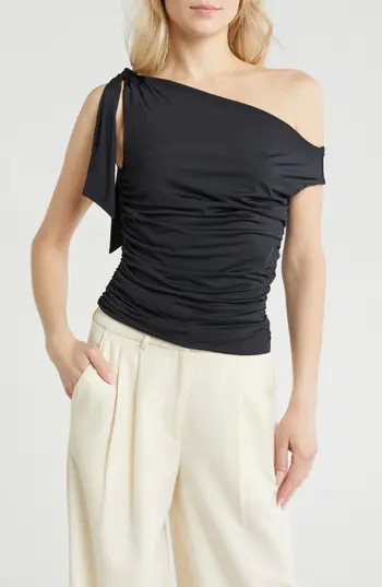 WAYF Bow One-Shoulder Ruched Top in Black at Nordstrom Rack, Size X-Small | Nordstrom Rack