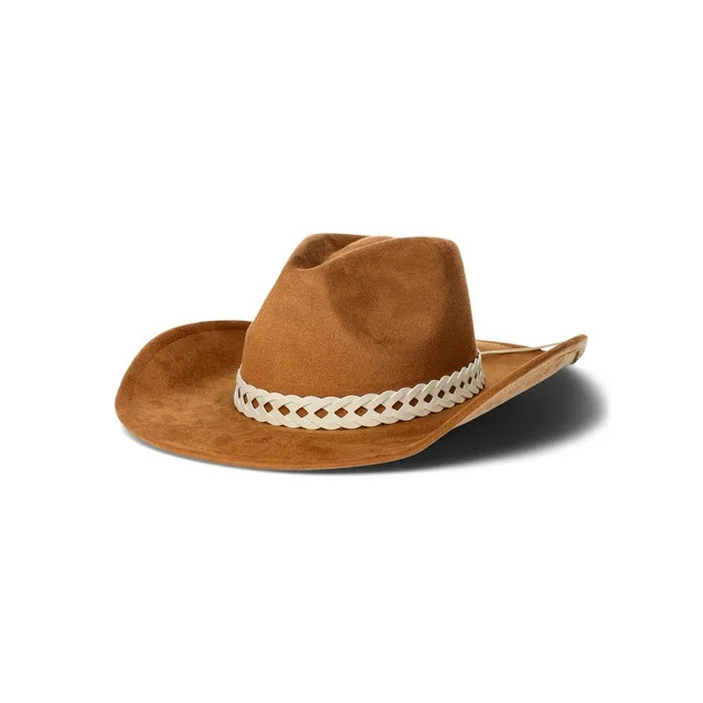No Boundaries Women’s Faux Suede Cowboy Hat with Contrasting Braided Band, Brown - Walmart.com | Walmart (US)