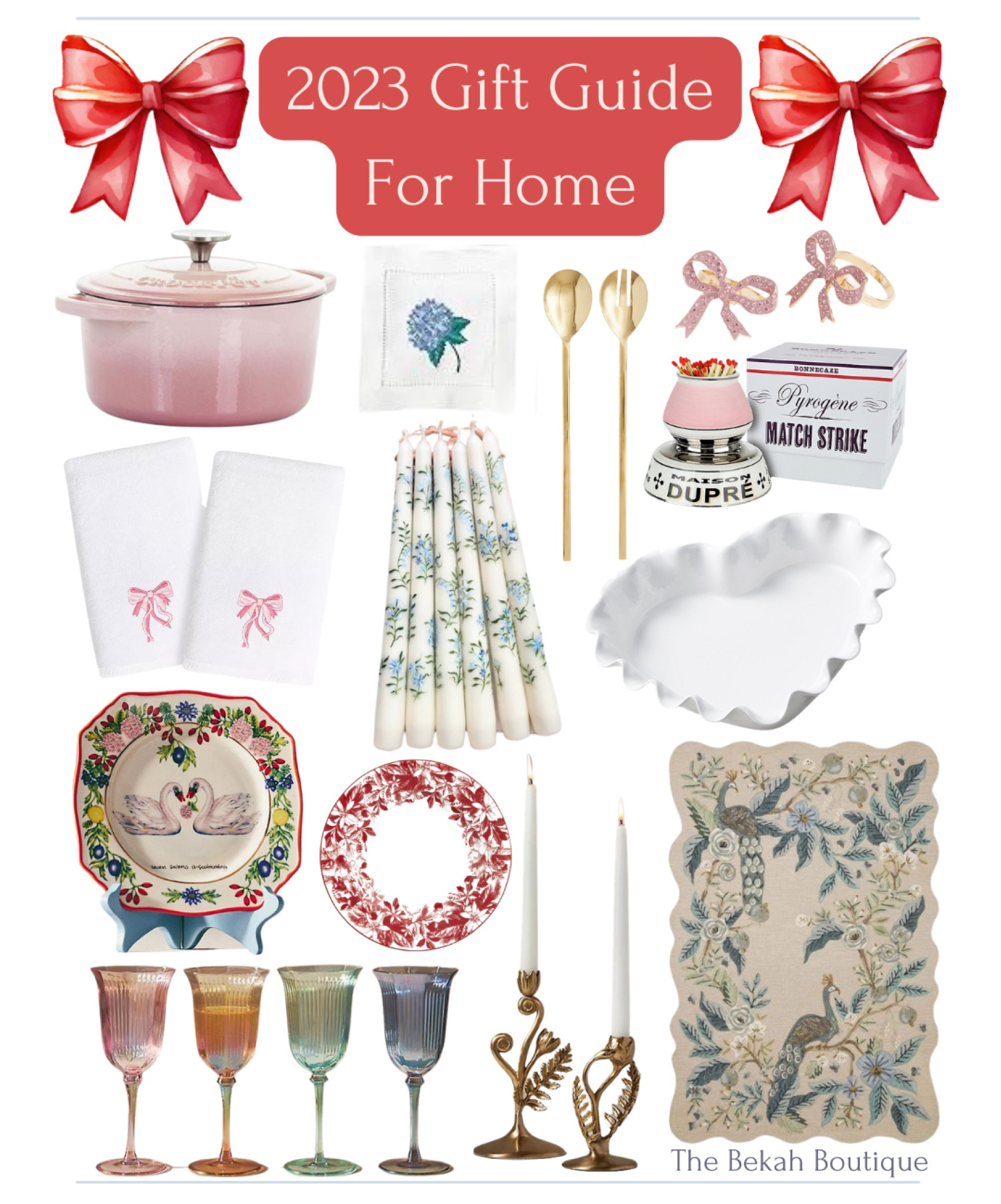 Looking for the perfect gift for the hostess or homebody in your life? 🎁❄️🎄☃️✨ Today on The Bekah Boutique, I’m back with another gift guide installment in my annual series. Today’s guide features gifts for the home at all price ranges. Click the link in my stories to read! 

Gift guide, home gift guide, gifts under $25, gifts under $50, gifts under $100, blush pink Dutch oven, embroidered hydrangea cocktail napkins, gold metal salad servers, pink bow napkin rings, French match strike, ruffled heart shaped ceramic baking dish, peacock area rug, floral candlestick holders, hand painted floral taper candles, red floral ceramic dinner plates, twelve days of Christmas dessert plates, bow embroidered hand towels, colorful wine glass set 

#LTKGiftGuide #LTKHoliday