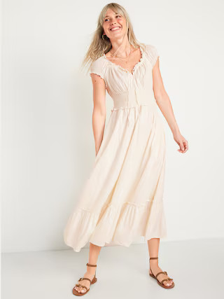 Puff-Sleeve Waist-Defined Clip-Dot Midi Dress for Women | Old Navy (US)