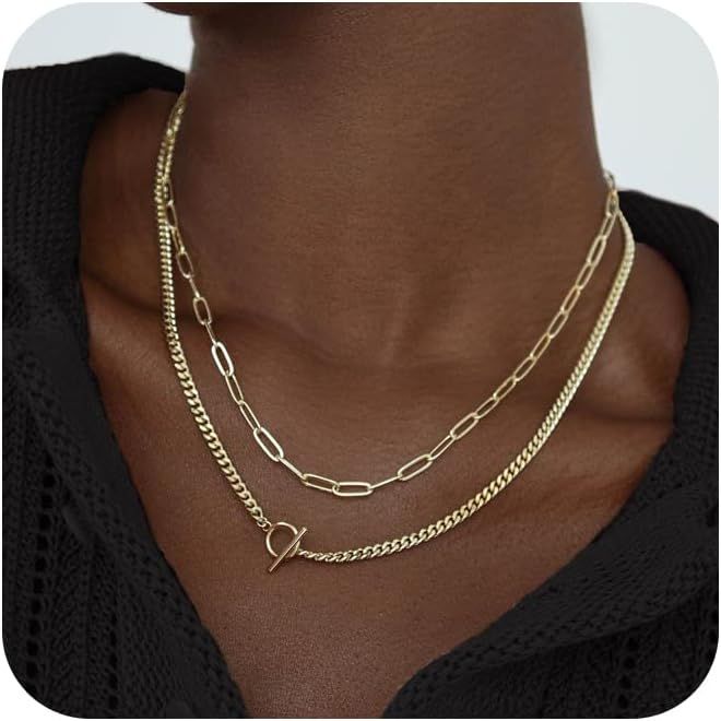CHESKY Gold Layered Necklaces for Women, 14K Dainty Gold Chain Necklace Women Trendy Cuban Link P... | Amazon (US)