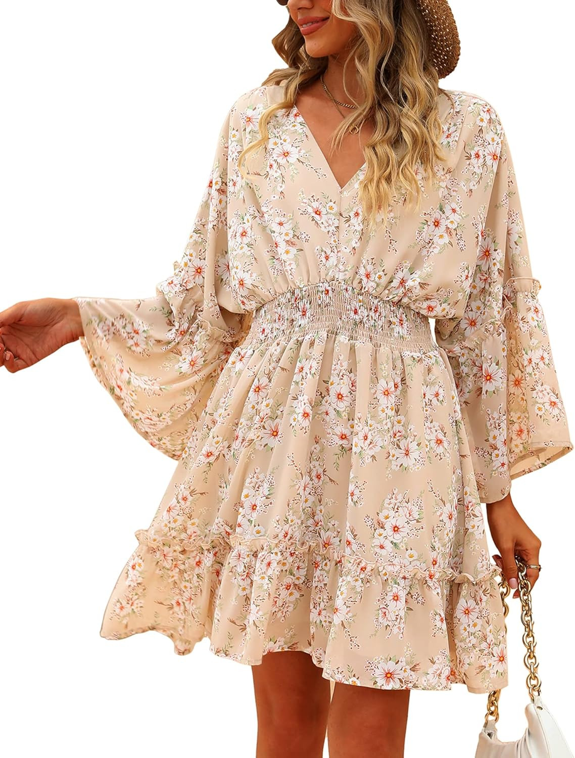 Jollycode Women's Spring Summer 2023 Floral Smocked Mini Dress Boho A Line Chiffon Dress Ruffle S... | Amazon (US)