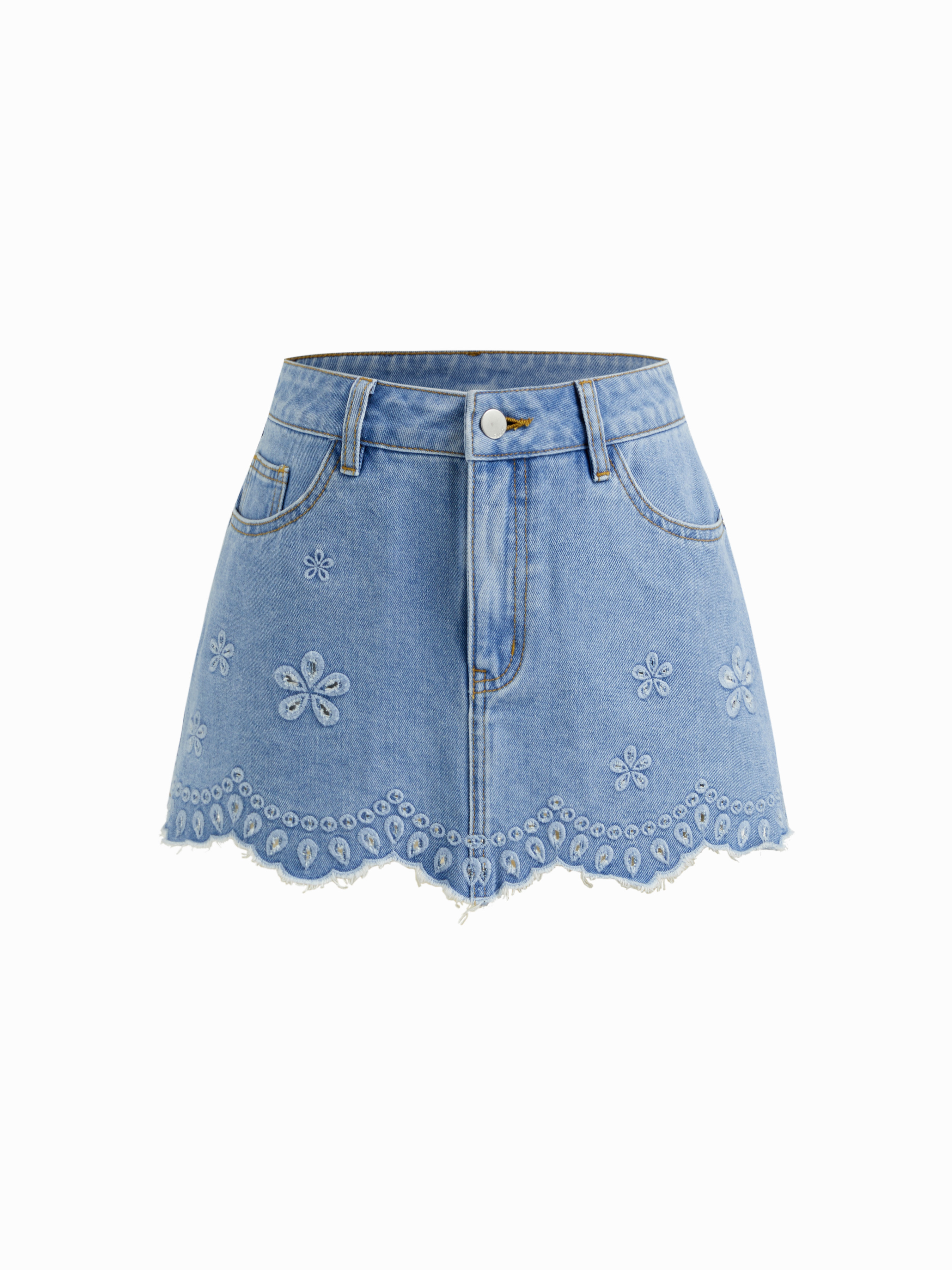 Denim Denim Low Rise Floral Embroidery Raw Hem Mini Skirt For Daily Casual | Cider