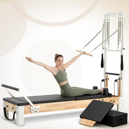 Pilates Reformer, PAETA Wooden Reformer Pilates Machine with Cadillac Trapeze Table, Pilates Equipment for Home Workout and Studio, Includes Sitting Box, Jumpboard(Reformer with Tower) | Amazon (US)