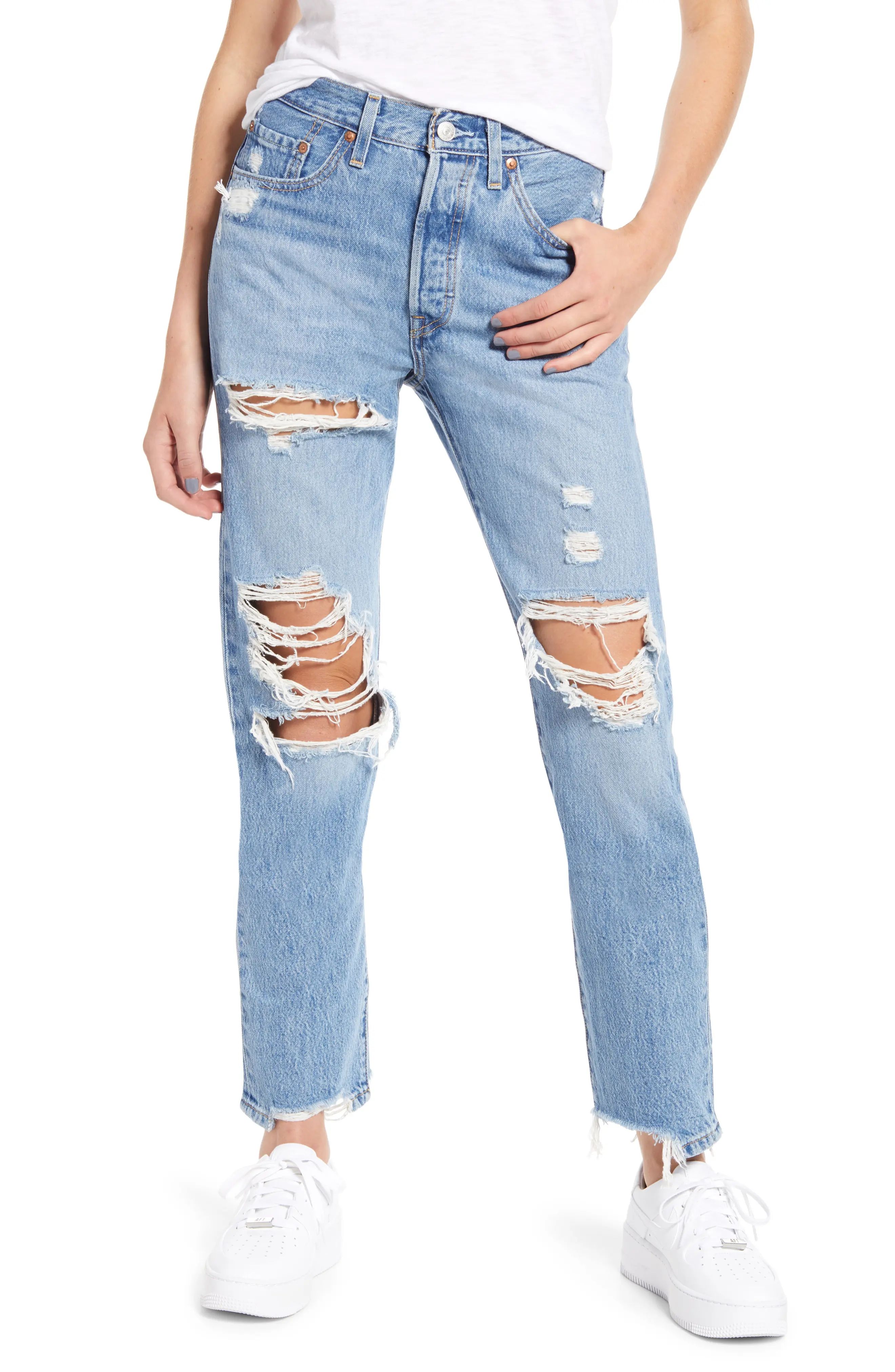 Women's Levi's 501 Ripped High Waist Straight Leg Jeans, Size 32 x 30 - Blue | Nordstrom