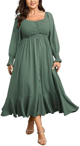 Plus Size Smocked Casual Maxi Dress for Curvy Women Long Sleeve Sweetheart Neckline Fall Dresses ... | Amazon (US)