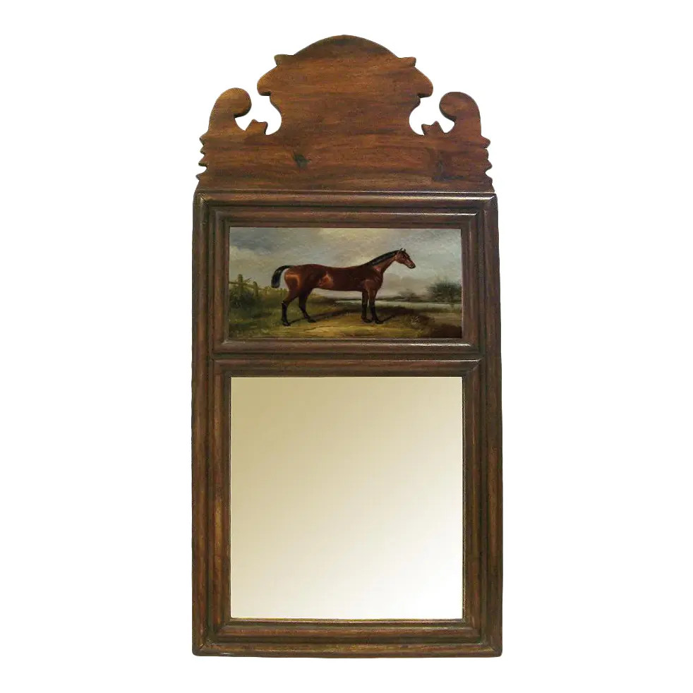Colonial Style Wood Framed Trumeau Mirror With "Hunter" Horse Print | Chairish