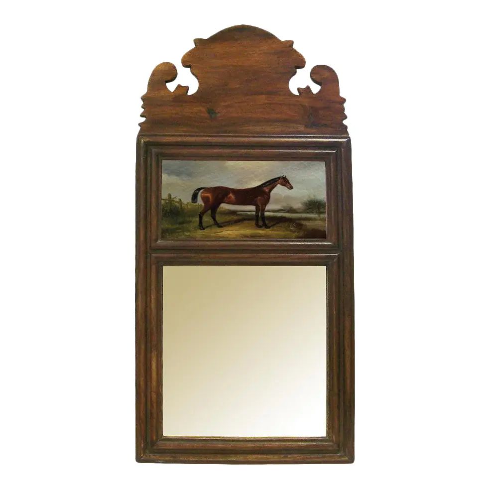 Colonial Style Wood Framed Trumeau Mirror With "Hunter" Horse Print | Chairish