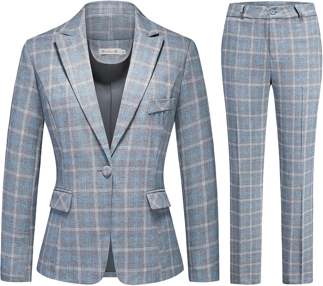 Womens 2 Piece Plaid Suits Set Business Office One Button Blazer Jacket Casual Long Sleeve Pant S... | Amazon (US)