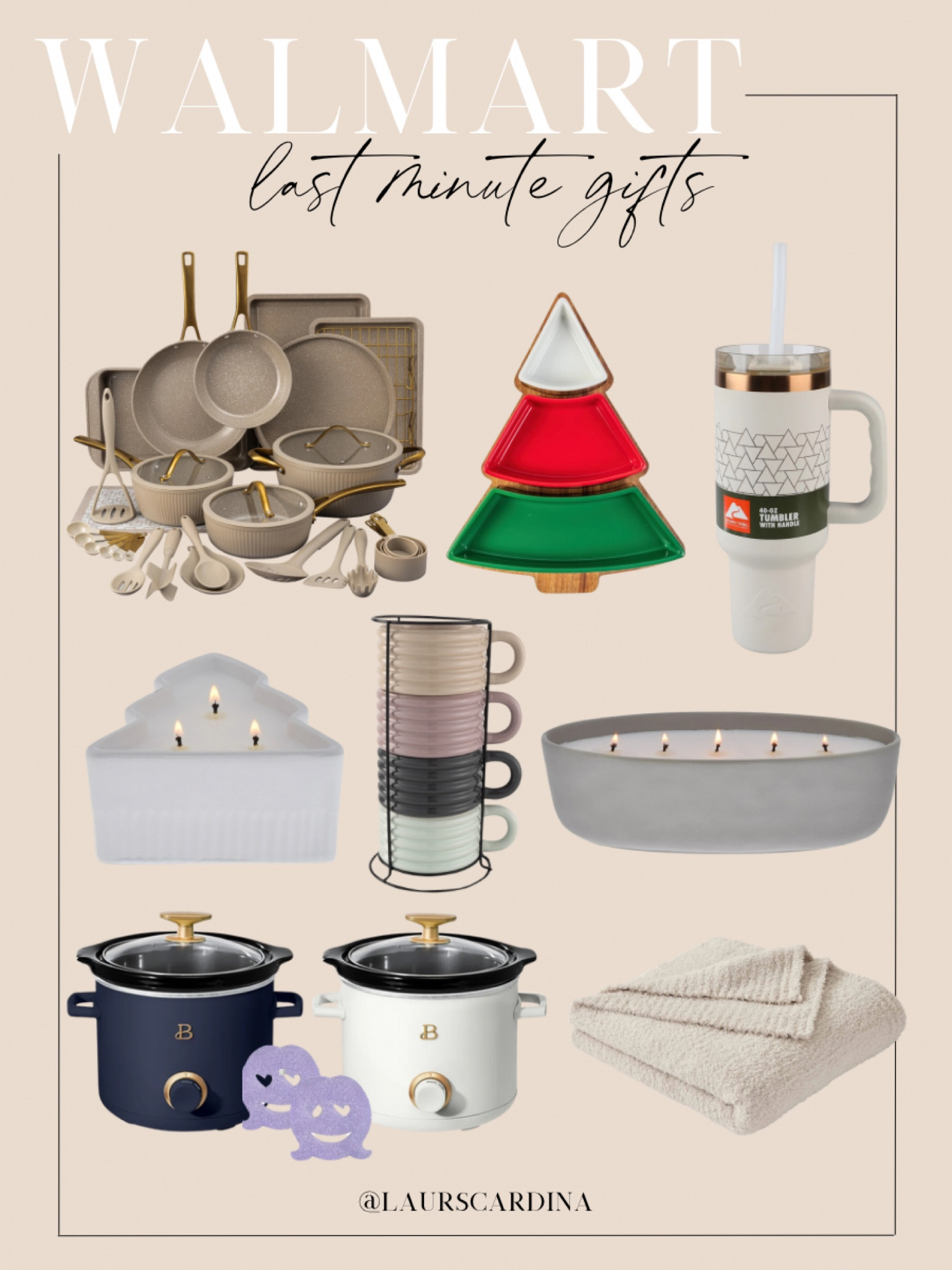 Last minute gifts from Walmart include a pots and pans set, a tree-shaped serving tray, an insulated tumbler, a tree-shaped candle, a set of coffee mugs, a 5-wick candle, a set of 2-quart slow cookers, and a cozy blanket. @walmart #walmartpartner #walmartgifts

Gifts for her, gifts for mom, gifts for grandma, gifts under 100, gifts under 50

#LTKHoliday #LTKGiftGuide #LTKFindsUnder50
