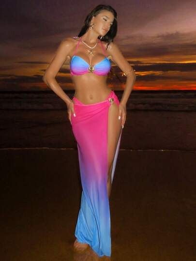 Swim SXY 3pcs/Set Women Rainbow Ombre Bikini Swimsuit, Beach Resort Swimwear For Summer Beach Vacation | SHEIN