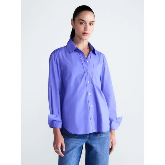 Free Assembly Women's and Women's Plus Button Front Cotton Shirt with Long Sleeves, Sizes XS-4X | Walmart (US)