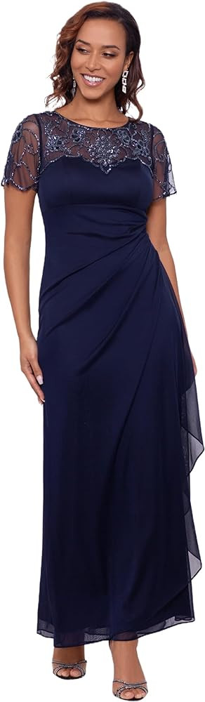 Xscape Women's Long Beaded Sequin Illusion Neckline Jersey Dress (Reg and Petite) | Amazon (US)
