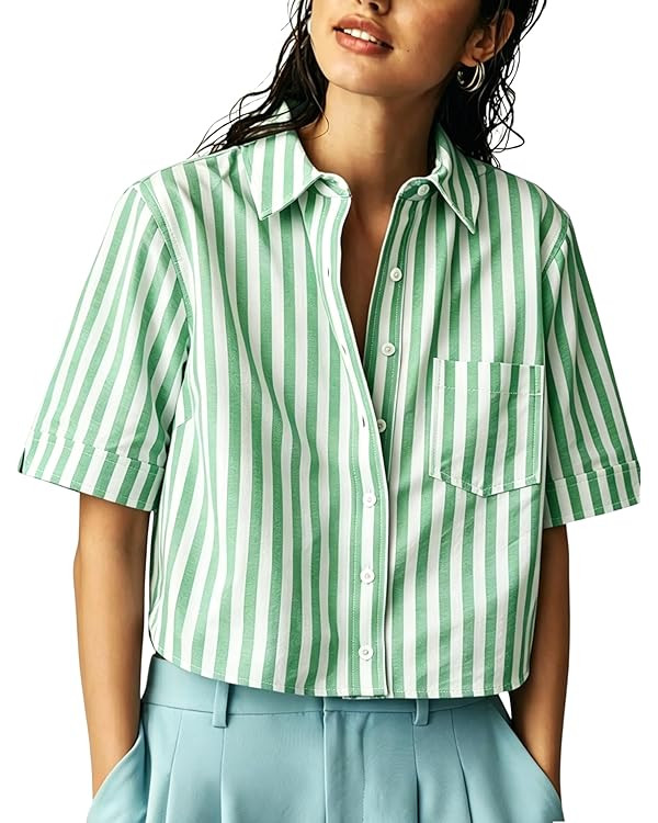 AMEBELLE Women's Striped Short Sleeve Cropped Button Down Shirt Casual Summer Lightweight Blouse ... | Amazon (US)