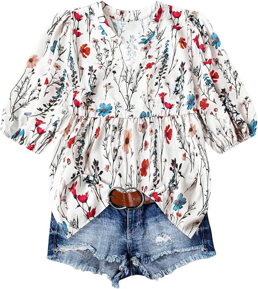 SOLY HUX Women's Plus Size Tops Floral Print Notched V Neck 3/4 Sleeve Ruffle Hem Peplum Summer B... | Amazon (US)