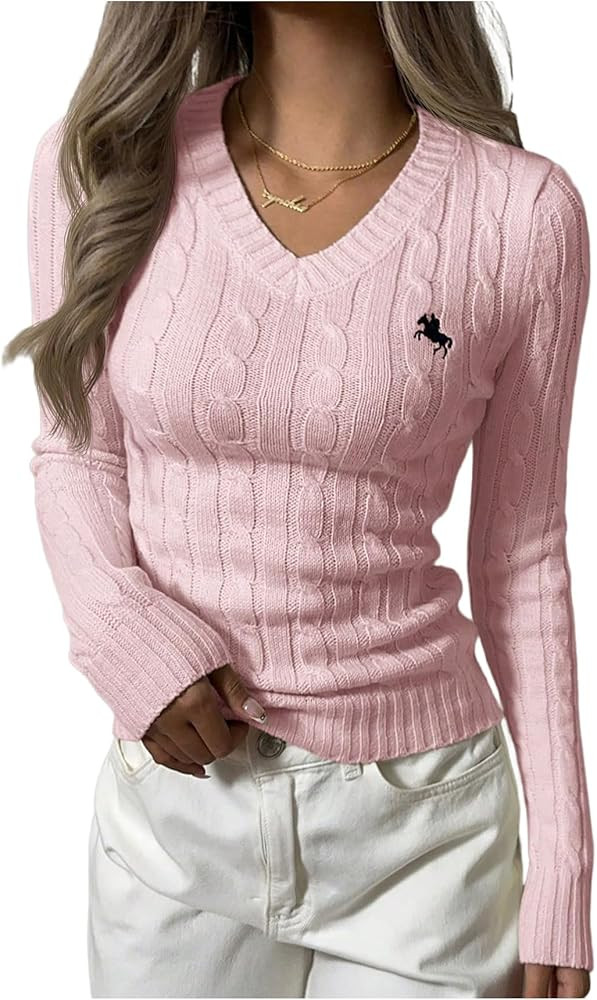 WDIRARA Women's Embroidered V Neck Long Sleeve Sweater Casual Cable Knit Pullover Tops | Amazon (US)