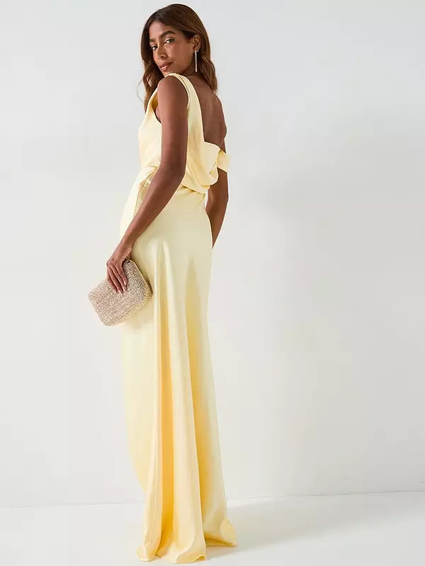 Six Stories Asymmetrical Bardot Strap Satin Bridesmaid Dress - Lemon | Very (UK)