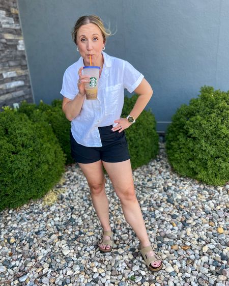 Well, it certainly has been warm around here lately! Trying to stay cool with a protein iced coffee and light clothing! This was my favorite linen camp shirt I tried this year - not too see through, not itchy, great shape! Wearing a size small! And my tried-and-true Trekkie North shorts - never got out of style, always get me through the summer!

#LTKSeasonal #LTKfindsunder50 #LTKover40