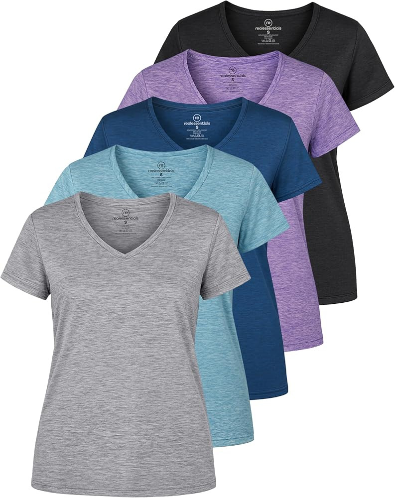 Real Essentials 5 Pack: Women's Dry Fit Short Sleeve V Neck Workout Top - Fitness Gym Athletic Yo... | Amazon (US)