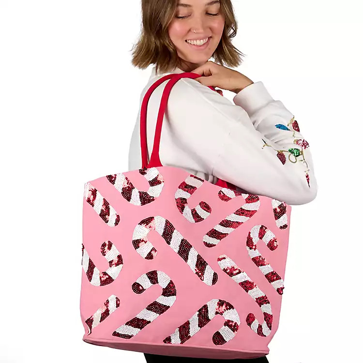 New! Pink Sequin Candy Cane Christmas Tote | Kirklands