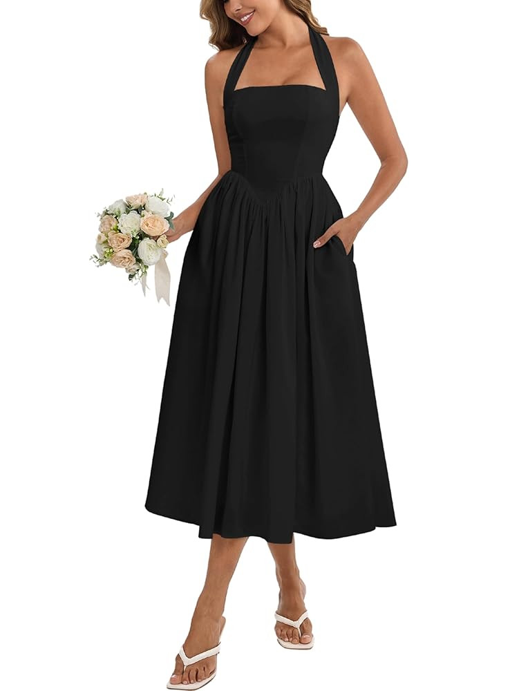 Parthea Women's Summer Halter Corset Midi Dress 2025 Elegant Smocked Flowy Wedding Guest Dresses ... | Amazon (US)