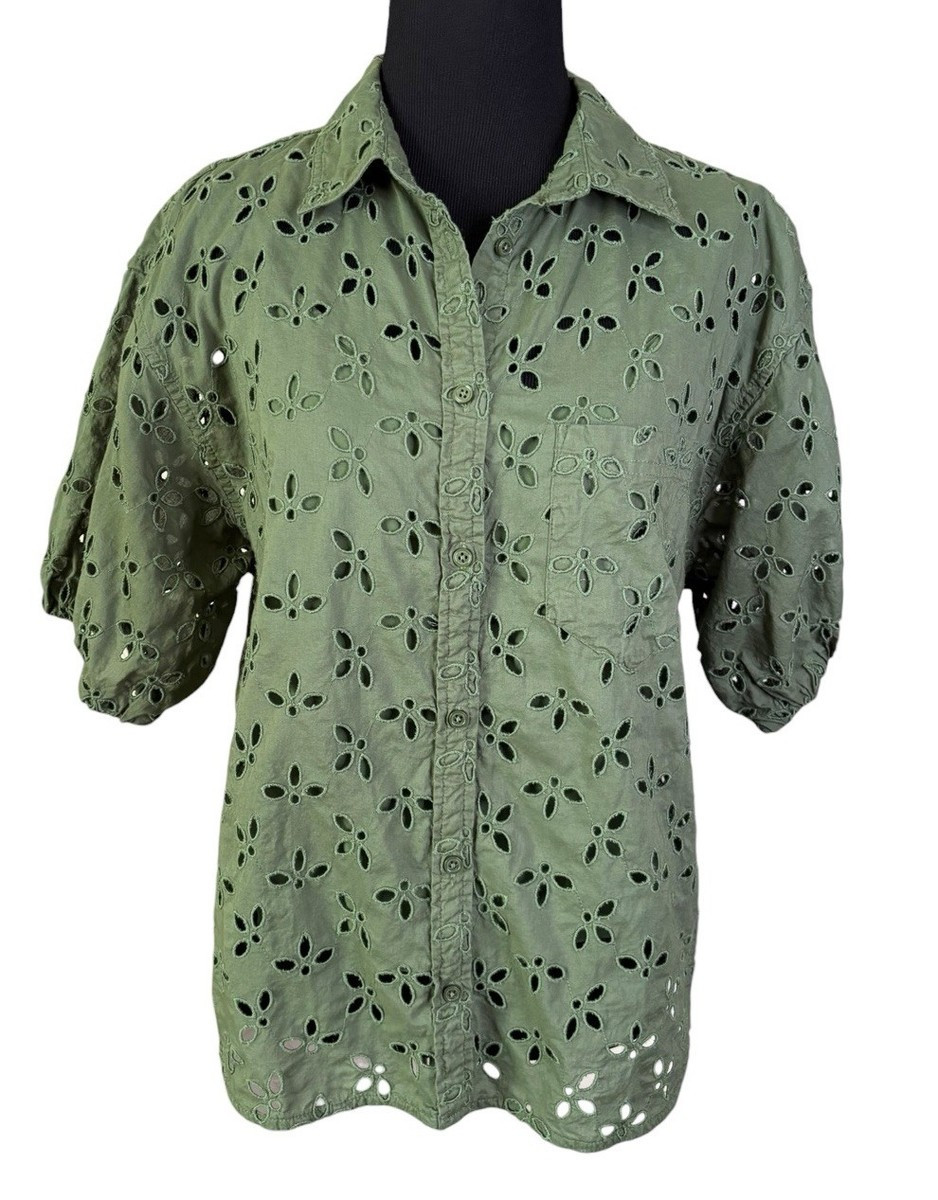 J. Crew Spring Garden Top in Eyelet Green Size 10 Short Sleeve Top Puff Sleeve | eBay US
