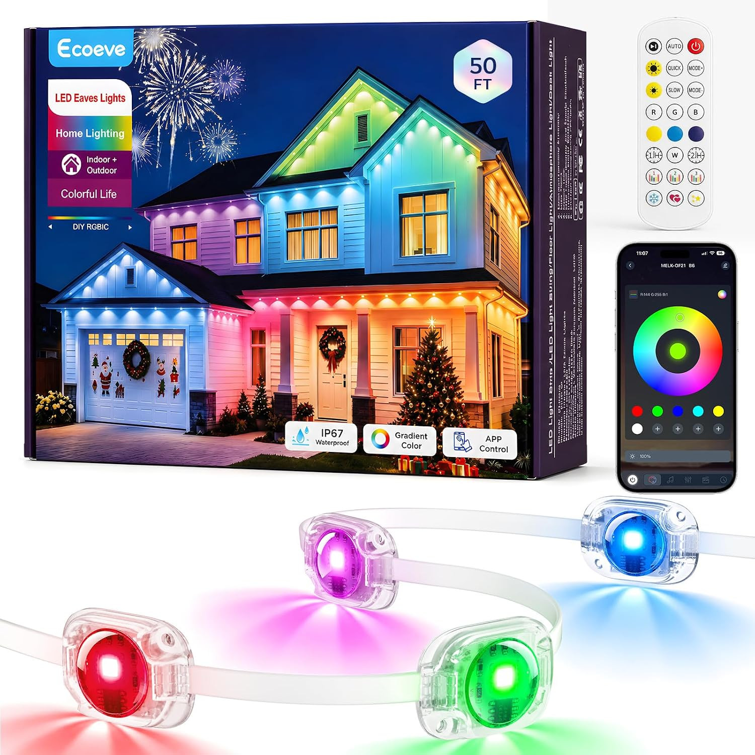 Permanent Outdoor Lights for House, 50ft RGB+IC Christmas LED Lights | Amazon (US)