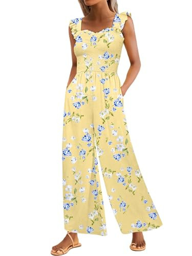 Caracilia Womens Jumpsuit Sleeveless Casual Dressy Smocked Wide Leg Rompers Summer Vacation Jumpers with Pockets 2026 Outfits Yellow Blue Flower Large | Amazon (US)