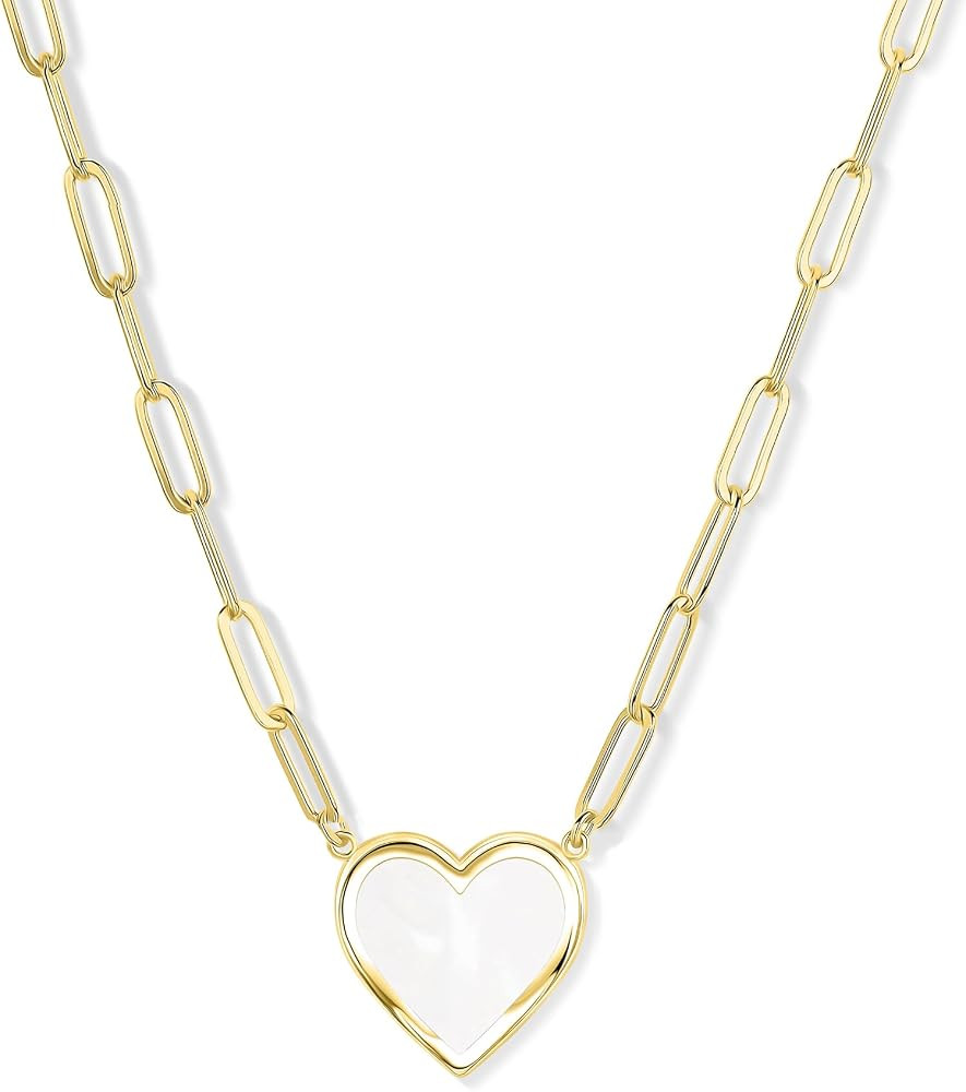 Paperclip Heart Necklace for Women | 18K Gold Plated Mother of Pearl Love Jewelry | Amazon (US)