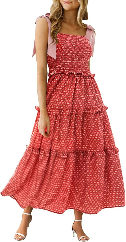 Wenrine Womens Summer Floral Maxi Dress Smocked Tie Shoulder Boho Sleeveless Ruffle Tiered Casual... | Amazon (US)