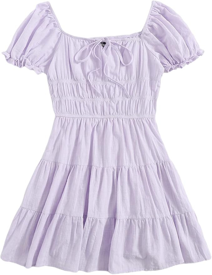 SheIn Women's Short Puff Sleeve Ruched Mini A Line Dress Ruffle Tie Front Square Neck Short Dress... | Amazon (US)