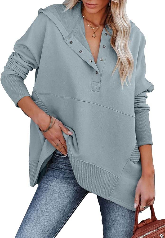 onlypuff Womens Oversized Hoodies and Sweatshirt V Neck Button up Loose Fit Henley Shirt 2022 Fal... | Amazon (US)