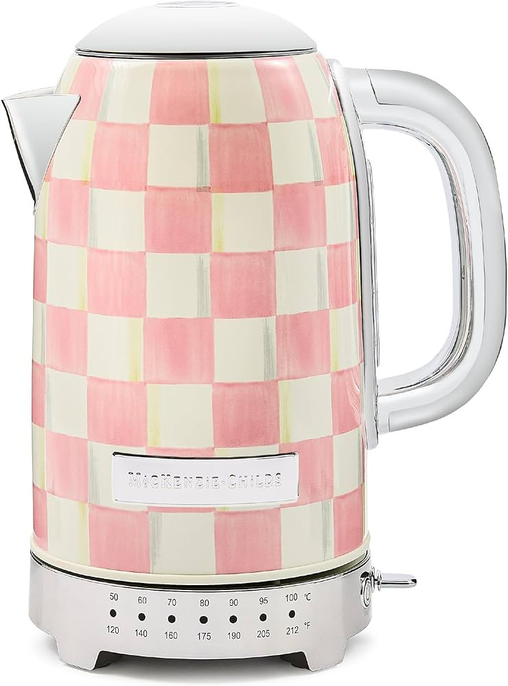 MACKENZIE-CHILDS Electric Kettle, Stainless-Steel Tea Kettle, Pink-and-White Rosy Check | Amazon (US)