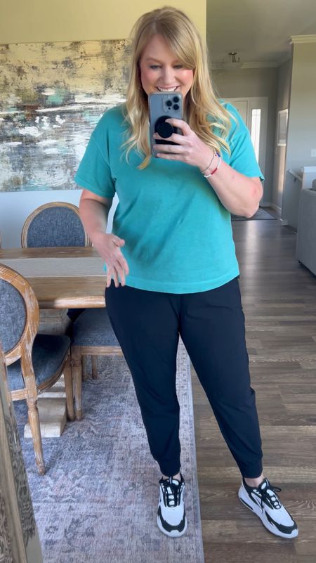 The best tees for running around town! I love the material and the fit - they’re very flattering! Wearing size L in the tee and XL in the joggers. Sneakers are true to size  

#LTKMidsize #LTKFindsUnder50 #LTKOver40