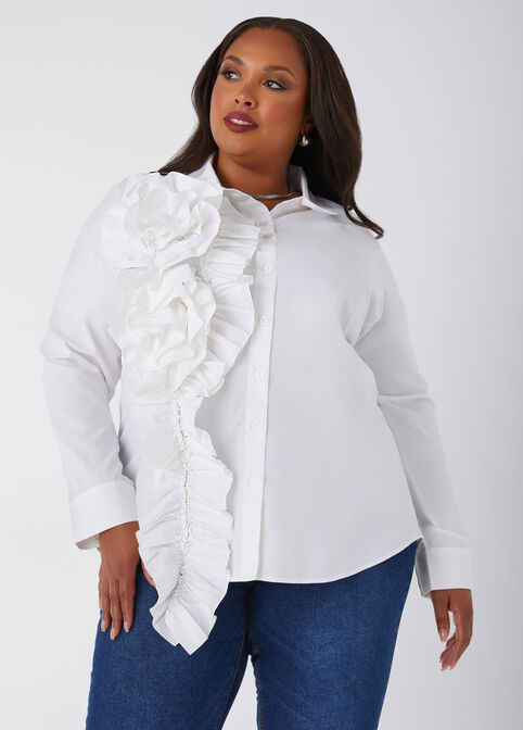 Ruffled Cotton Blend Poplin Shirt | Ashley Stewart