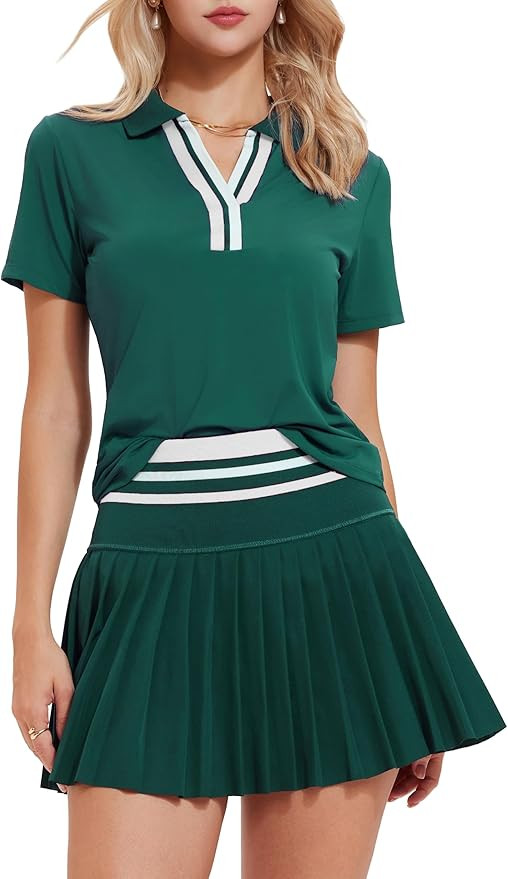 Tennis Skirt Set for Women Color Block V Neck Golf Pickleball Outfits Pleated Athletic Two Piece ... | Amazon (US)