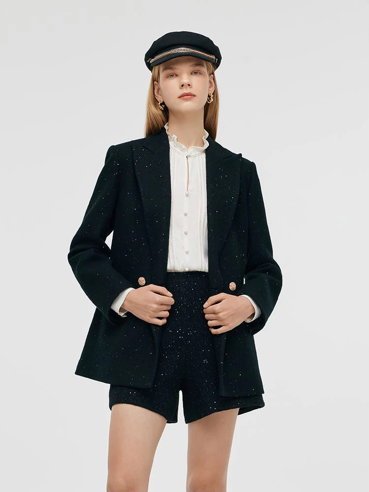 Wool Blend Knitted Sequins Women Blazer | GOELIA