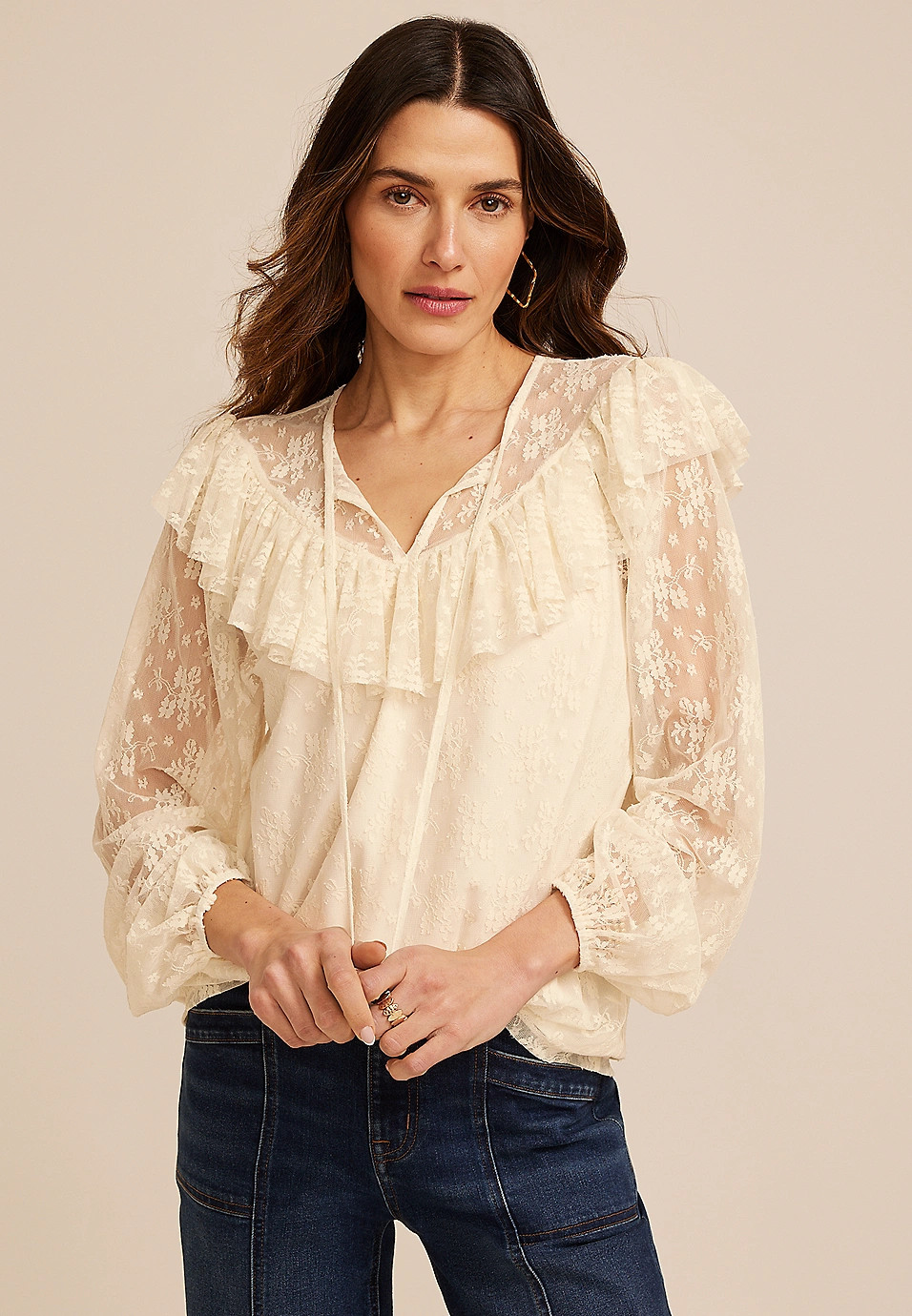 Sheer Lace Ruffle Yoke Blouse | Maurices