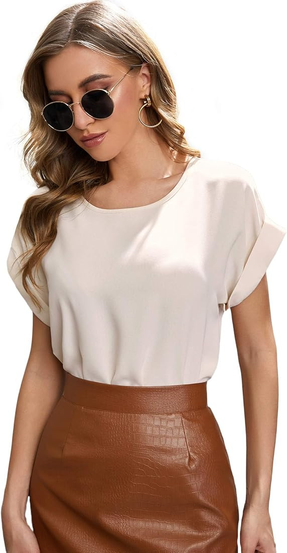 Milumia Women's Casual Satin Blouse Batwing Short Sleeve Crew Neck Office Shirt Tops | Amazon (US)