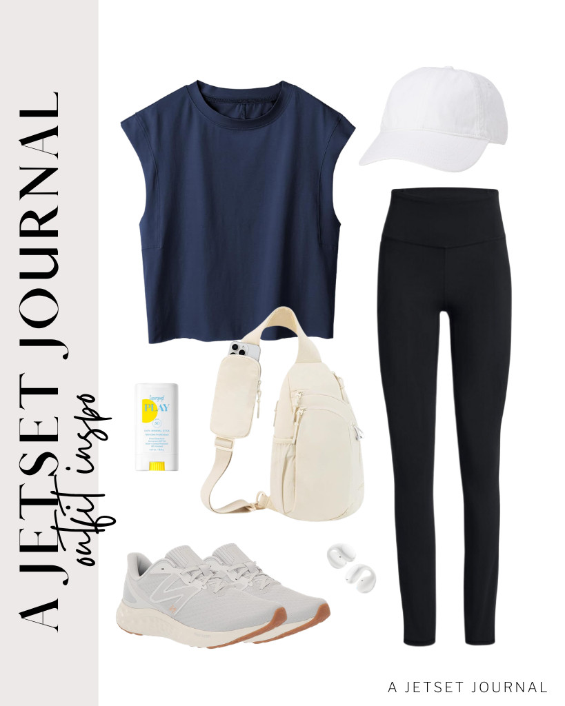Our next look is a loose navy blue athletic tank top paired with high-waisted leggings for a laid-back sporty feel. Pair with New Balance Fresh Foam Arishi V4 running shoes and a nylon sling crossbody bag. This baseball cap from Amazon Essentials can give a more sporty touch to this look.

#LTKSeasonal #LTKSaleAlert #LTKTravel 

 
