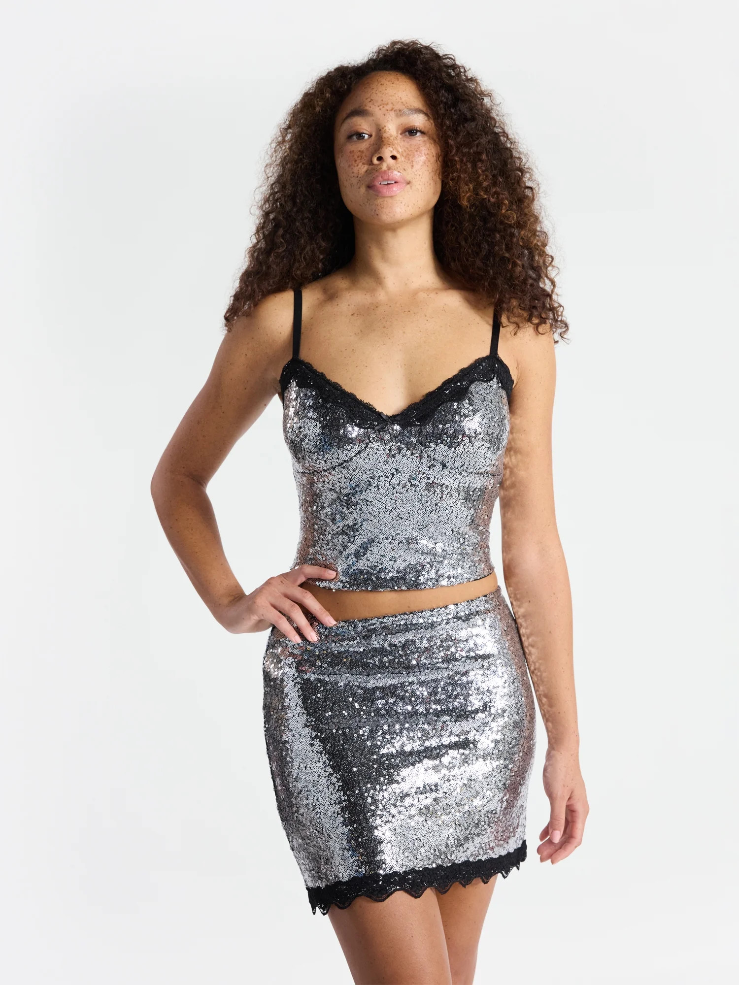 No Boundaries Sequin Mesh Tank Top and Mini Skirt Set, 2-Piece, Women's | Walmart (US)