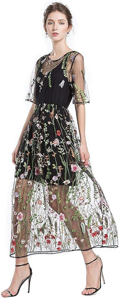BaronHong Women's Floral Embroidered Tulle Prom Half-Sleeve V Neck Midi Dress with Waist Strap | Amazon (US)