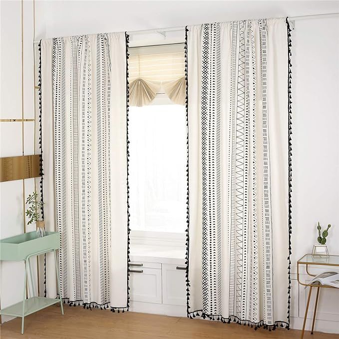 YOU SA 2-Panel Boho Style Black Striped Window Curtains with Tassel Cotton/Linen Geometric Design... | Amazon (US)