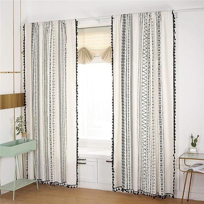 YOU SA 2-Panel Boho Style Black Striped Window Curtains with Tassel Cotton/Linen Geometric Design... | Amazon (US)