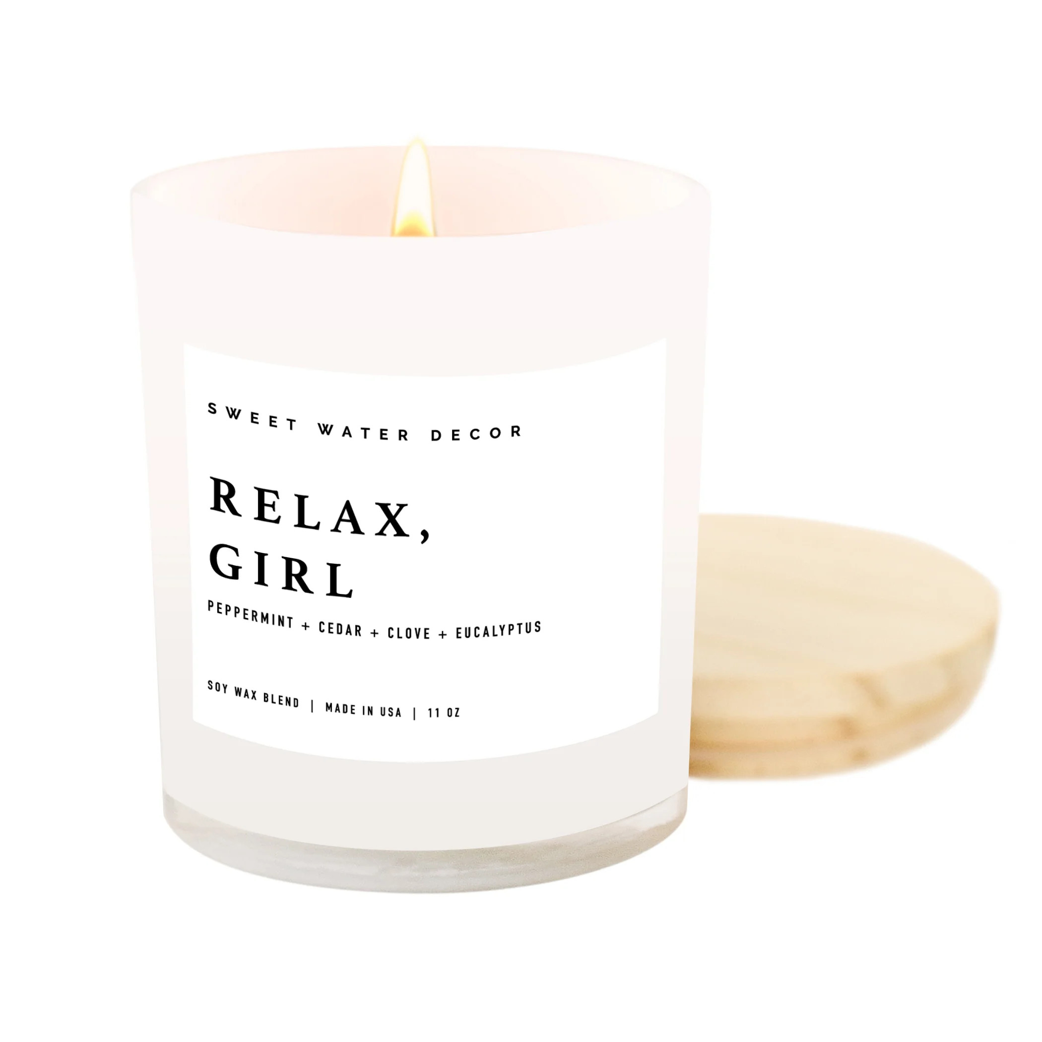 Relax, Girl Soy Candle | White Jar + Wood Lid | Sweet Water Decor, LLC