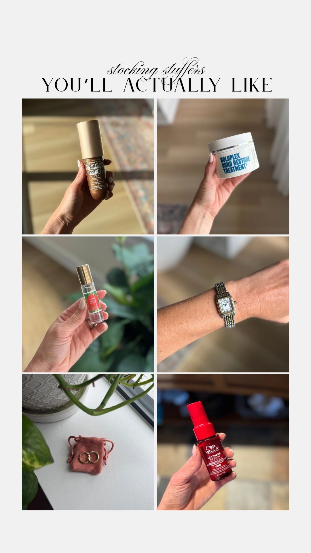 Stocking stuffers for her. Christmas gift ideas, gold, solid hoops, women’s watch, roller ball perfume, hair mask 

#LTKHoliday #LTKCyberWeek #LTKGiftGuide