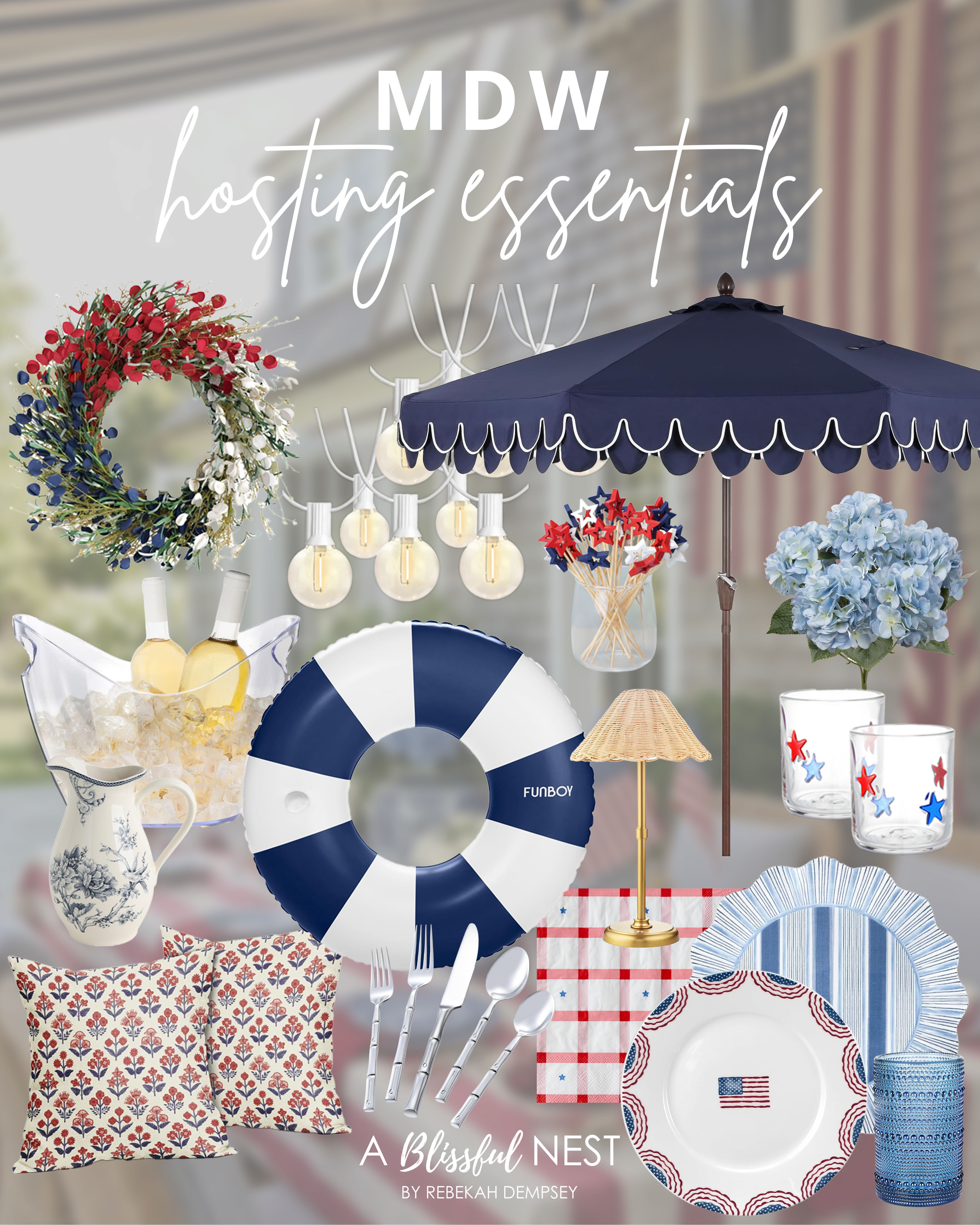 Everything you need for a festive and stylish MDW gathering in one place. Shop these hosting favorites.

Blue and white porcelain pitcher, patriotic wreath, string lights, navy scalloped patio umbrella, faux blue hydrangea stems, patriotic cocktail glasses, wine chiller bucket, inflatable pool ring, patriotic cocktail picks, striped melamine plates, silver flatware set, gingham patriotic napkins, American flag plates, patriotic floral block print pillow, blue textured drinking glasses, bamboo table lamp. 

 #LTKSeasonal #LTKHome